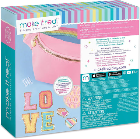 Make It Real: Fashion Bum Bag with Patches - 9 pcs,Pink Zipper Bag with Rainbow Band - [1461]
