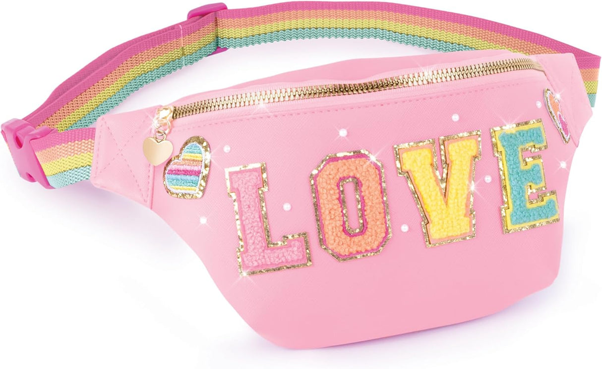 Make It Real: Fashion Bum Bag with Patches - 9 pcs,Pink Zipper Bag with Rainbow Band - [1461]