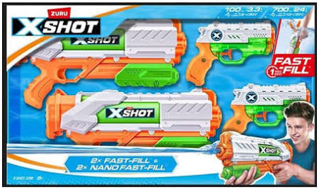 ZURU X-Shot Water Fast Fill 4 Piece WaterGun Set Medium Blaster(2 Pack)&Nano Blaster(2Pack) - 1PCS [118126]